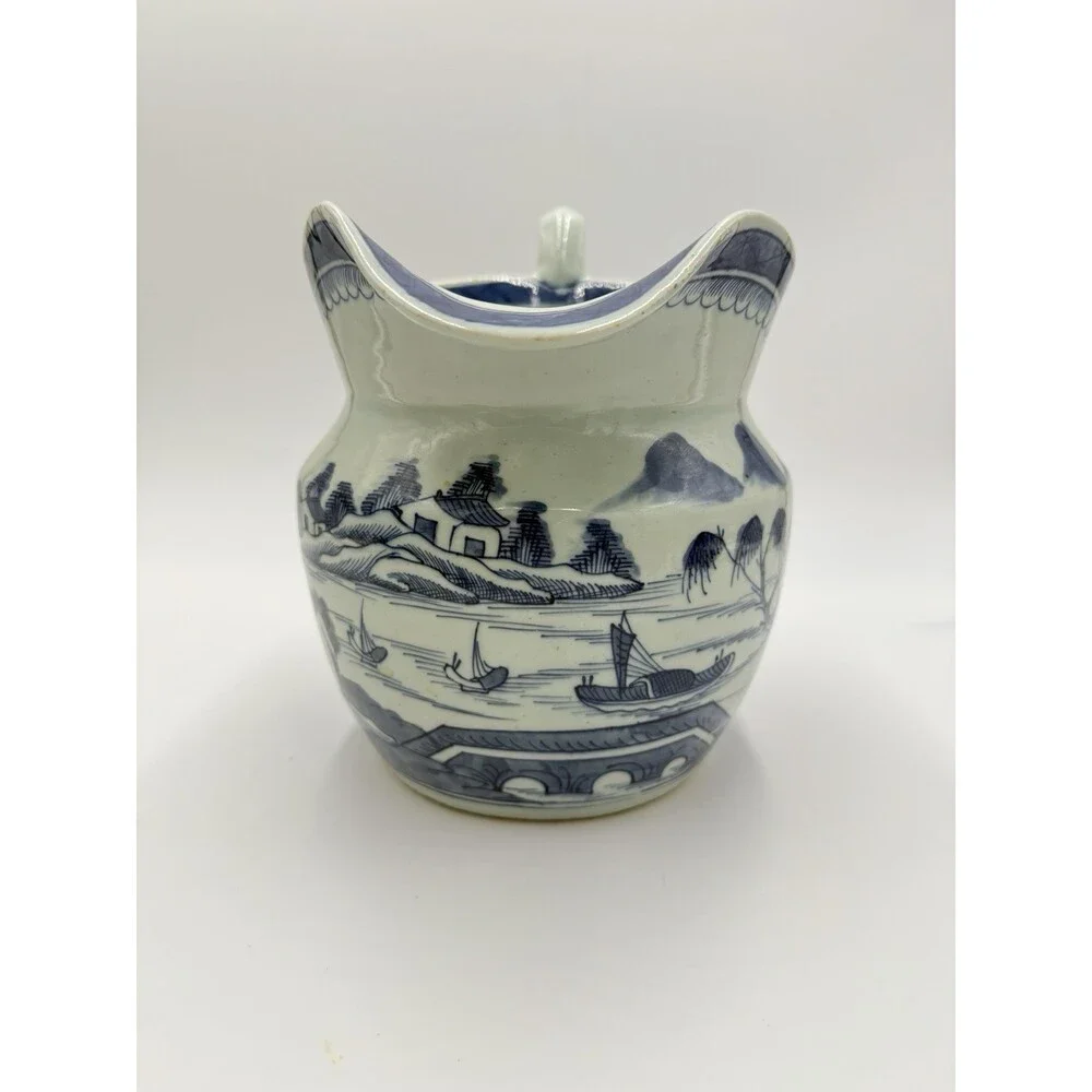Antique Chinese Blue & White Canton Export Porcelain Large Pitcher 9”H x12” L